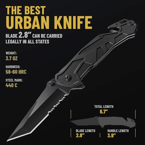 Image of 6.7 inch Compact Legal Pocket Knife with Bearing - 5 in 1 Knife - 2.8 inch Serrated Tanto Blade - with Glass Breaker & Seatbelt Cutter & Pocket Clip - Small Tactical Folding Knives for Men Women Hunting EDC Work 6620 B