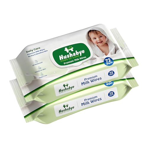 Image of Hushabye Premium Milk Baby Wipes with lid- 0+ Months, pH balanced, Paraben & Alcohol Free, Moisturising & Thick Wipes with purified Water, Gentle & soothing, 144 pcs, Pack of 2