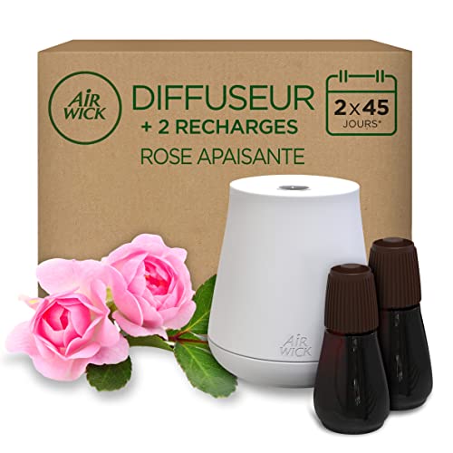 Air Wick Diffuseur d’huiles Essentielles Essential Mist + 2 Recharges 20 ml Parfum Rose apaisante