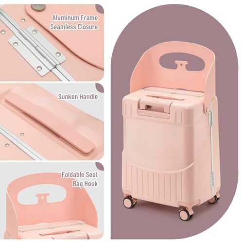 20-Inch Ride-On Suitcase for Kids & Adults – TSA-Approved Underseat Carry-On Luggage with 360° Wheels, Built-In Seat & Safety Belt – Lightweight Durable Spinner Suitcase for Airplane Travel Fits Ages