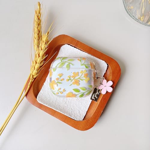 Image of MINSCOSE for AirPods 4 Clear Case,Cute Colorful Flower Pattern Design with Girly Floral Keychain,Soft Silicone Protective Shockproof Cover with Cleaner Kit for Girls Women-Yellow