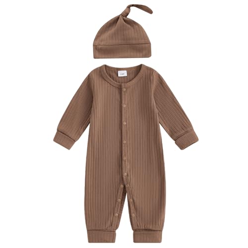 Winioder Newborn Baby Girl Boy Clothes Ruffle Ribbed Long Sleeve Button Romper Jumpsuit with Headband Hat Coming Home Outfit
