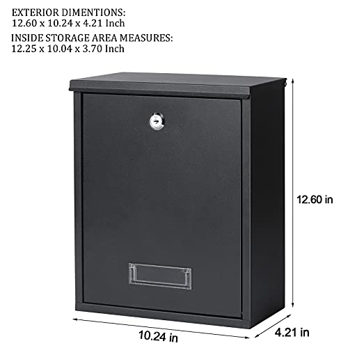 Image of Jssmst Locking Mailbox Wall Mount Key Lock Drop Box Large Capacity with Galvanized Steel Cover and Rust-Proof Metal Post Box, Black Matt, SM-0702LK,Medium