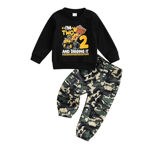 WZTYYDS Toddler Baby Boy 1 2 3 4 Year Old Birthday Outfit Excavator Long Sleeve Sweatshirt Camouflage Pants Fall Clothes (B-Black Two, 2-3T)
