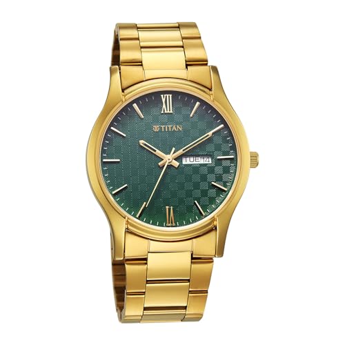 Image of Titan Karishma Regal Classic Day-Date Green Dial IPG Stainless Steel Men's Dress Watch - 10059YM02