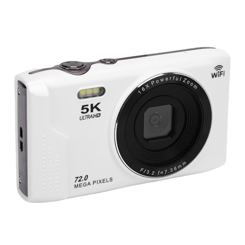 5Kデジタルカメラ、72MP UHD Wi-Fi Vlogカメラ、16倍ズーム、オートフォーカス、2.8インチスクリーン、コンパクトポイントアンドシュート、フラッシュと64GBカード付き、大人初心者向け、ティーン向け (白)