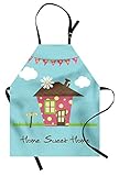 Ambesonne Saying Apron, Cozy Town House with Polka Dots on Green Grass with Sign and Floral Flags, Unisex Kitchen Bib Apron with Adjustable Neck for Cooking Baking Gardening, Multicolor