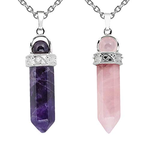 TUMBEELLUWA 2 PCS Healing Crystal Point Pendant Necklaces for Unisex Hexagonal Prism Stone Pendants with Chain, Amethyst+Rose Quartz