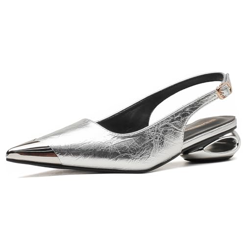 Women's Slingback Low Block Heels Closed Pointed Toe Ankle Strap Backless Pumps Shoes Daily Office Wedding Party Dressy Shoes