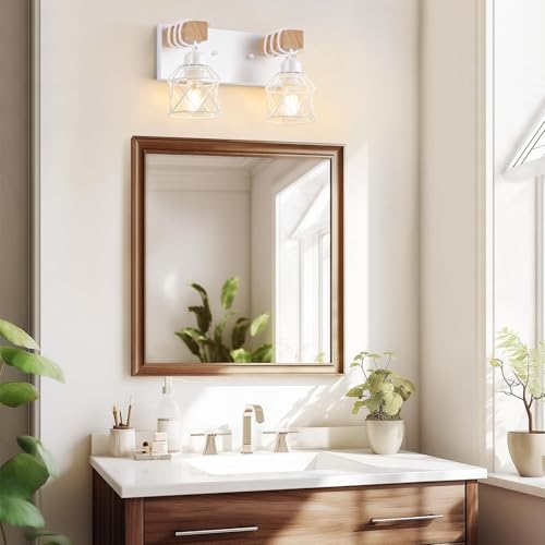 Image of FadimiKoo 2-Light White Bathroom Light Fixtures, Wood Bathroom Vanity Lighting Fixtures Over Mirror, Rustic Sconces Wall Lighting with Elegant Metal Lampshade for Living Room, Bedroom, Hallway