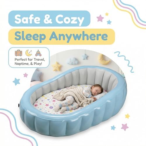 Toddler Inflatable Travel Bed with Removable Air Mattress & Cotton Cover, Portable Kids Air Bed with Raised Rails, Thick PVC Frame, Dual Safety Valves, Manual Pump Included (Ages 1–8)