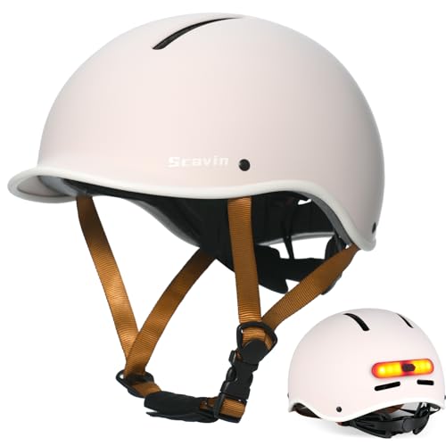 Scavin Bike Helmet for Adult: Bicyle Helmet with EPS Foam Interior for Men & Women, Adjustable Cycling Helmet with LED Light Safety Certified for Commuting (Matte Eggshell, L(22.9-24in))