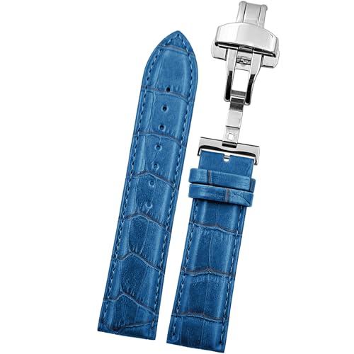 DBLACK ''HOOK'' Leather Watch Strap with Butterfly Lock, Bamboo Design Pattern Full Padded Watch Belt // For 18mm, 20mm, 22mm, or 24mm Watch Band (Choose Your Size & Color) (Blue, 24mm)