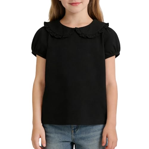 Image of Magic Park 12M-14Y Toddler Short Sleeve T-Shirt Girls Ruffle Blouse Kids Solid Color Tee Casual Tops Holiday Clothes