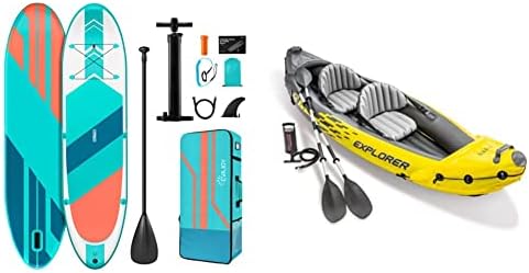 EVAJOY Inflatable Paddle Board 11'×32"×6" Around Stand Up Paddle Board & Waterproof Bag, Portable Hand Pump for Racing Touring Fishing, Safety Leash, Main Fin & Intex Explorer K2 Kayak