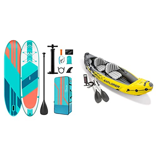 Evajoy Inflatable Paddle Board 11'×32"×6" Around Stand Up Paddle Board & Waterproof Bag, Portable Hand Pump For Racing Touring Fishing, Safety Leash, Main Fin & Intex Explorer K2 Kayak #TOP1