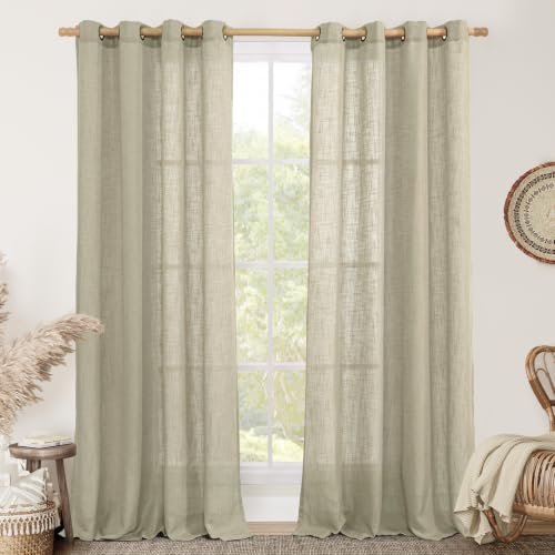 Image of LAMIT 90 Inch Long Sheer Linen Curtains for Living Room 2 Panels, Semi Sheer Light Filtering Drapes Bronze Grommet Rustic Boho Panels for Bedroom /Farmhouse, Oatmeal, 52 x 90 Inch