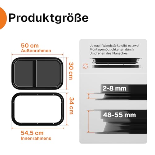 Farosun Wohnwagen Fenster 50x30 cm, E4, Schiebefenster für Wohnmobil und Caravan mit festem Insektenschutz, getöntem Sicherheitsglas, UV-beständig, Seitenfenster für Camper mit Aluminiumrahmen