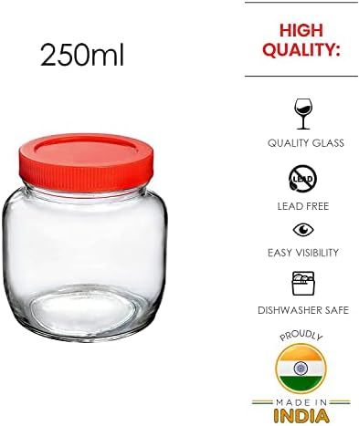 Vency Glass Round Shape Clear Jars And Containers For Kitchen Pantry, Snacks, Masala, Pickles, Dry Fruits, And Coffee Beans Storage With Red Color Plastic Lid (Aahar Jar) (250Ml, Set Of 8), Blue