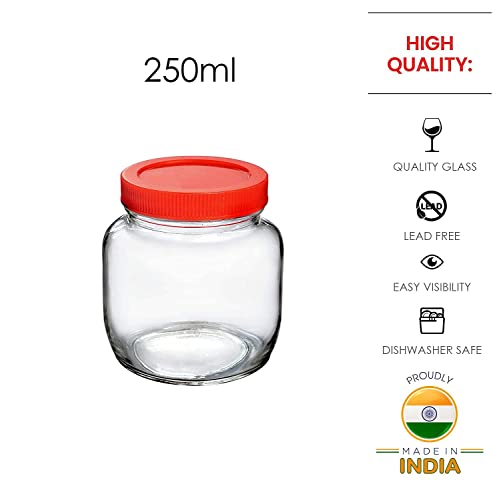 Vency Glass Round Shape Clear Jars And Containers For Kitchen Pantry, Snacks, Masala, Pickles, Dry Fruits, And Coffee Beans Storage With Red Color Plastic Lid (Aahar Jar) (250Ml, Set Of 8), Blue