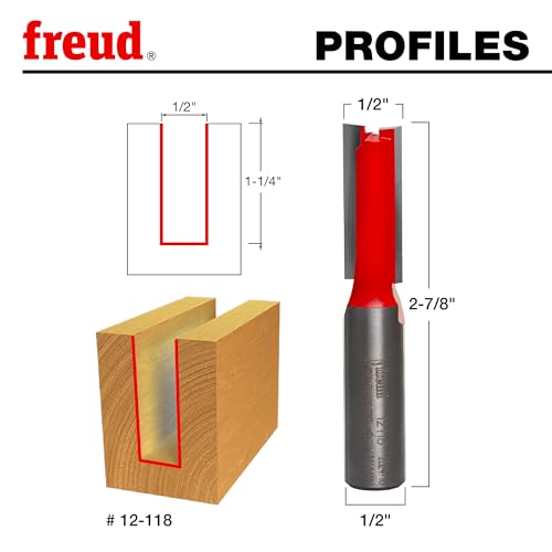 Image of Freud 12-118 Double Flute Straight Router Bit 1 /2 inch Diameter 1-1 /4 inch Cut | 1 /2 inch Shank TiCo Hi-Density Carbide for Grooving, Dadoing, Plunge, Cutting, Wood MDF Plywood CNC
