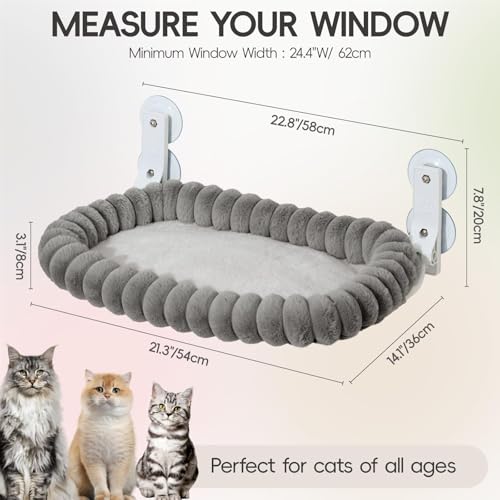Stilvoll Katzen Fensterliege Hängematte Weich mit Abnehmbarem Wendebezug - Katzen Hängematte Fenster mit Stabiles Stahlgestell Halt bis 18kg (Grau, M)