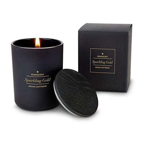 Römer Wellness Geschenkartikel: ROMOSCENT Aromakerze Sparkling Gold im edlen, schwarzen Glas mit Holzdeckel; Duftkerze für Drinnen und Draußen; Maße: ca. 6 x 6 x 8 cm