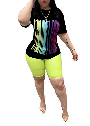 LETSVDO Bodycon 2 Piece Outfits for Women Striped Letter Printed Short Sleeve Top Shorts Clubwear Jumpsuits Set