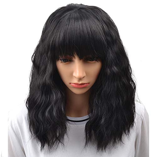 BERON Black Wig for Womens Short Curly Wavy Bob Hair Wigs with Bangs Movie Cosplay Costume Wig Heat Resistant Synthetic Wig Daily Party Use