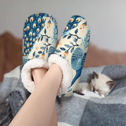 KOBLEN Peacock Branch Slippers for Women House Shoes with Fleece Lining Wide Comfy Full Slippers Lightweight Cozy Loafer with Rubber Sole Unisex Slippers Adults for Indoor Outdoor2