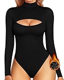 MANGOPOP Women's Fleece Lined Mock Neck Long Sleeve Bodysuits Cut Out Bodysuit Winter Thermal Top (Black, Small)