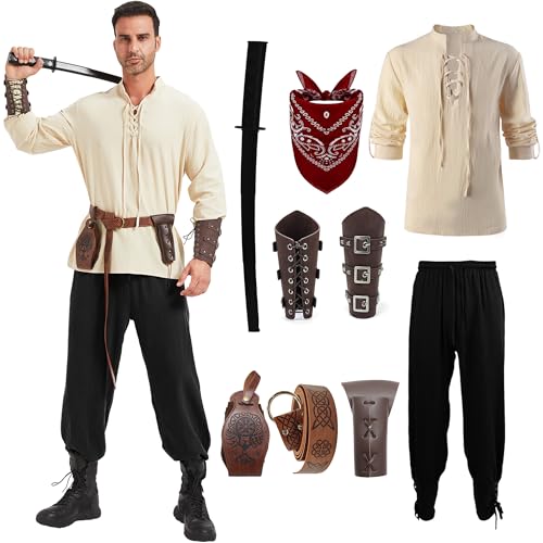 KUKIKUKI Conjunto de ropa medieval para hombre, Conjunto de Traje Renacentista Camisa Pirata Medieval para Hombre, pantalones medievales con correa al tobillo (Negro, M)