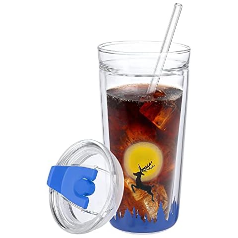Poazmron Water Bottle - 12oz/355ML Double Wall Vacuum Insulated Tumbler with Glass Straw and Silicone Leak-Proof Lid, Travel Mug Drinking Cup for Home/Office/Camping Cover