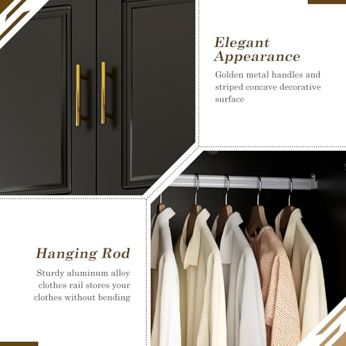 Hlivelood Large Armoire Wardrobe Closet Cabinet with Drawers and LED Lights, Multi-Tier Shelves, Hanging Rod, Large Capacity Storage 3 Door Wardrobe Armoire with Top Cabinet for Bedroom, Black