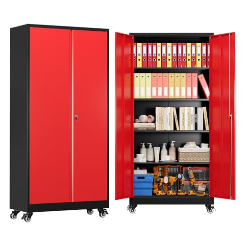 Sightlife Armario de Garaje y Oficina Metálico 179 cm con Ruedas, 2 Puertas 4 Estantes Ajustables, Cerradura con Llave, Acero Resistente para Talleres, Garajes y Oficinas, Montaje Rápido, Negro Rojo