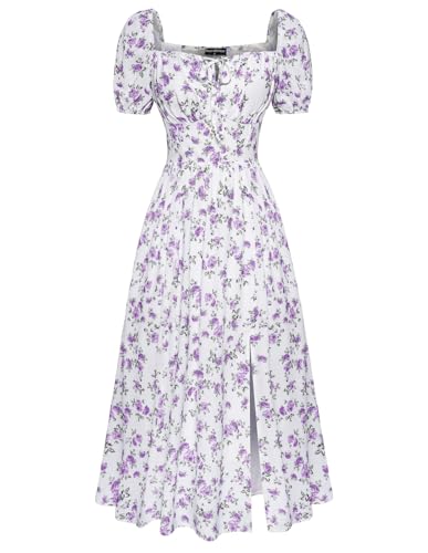 Image of Scarlet Darkness Summer Spring Split Floral Corset Midi Dress with Pockets | Floral dress with elastic sleeves, tie square neck, smocked back, 3 boned waist, left zip, side pockets, front thigh slit