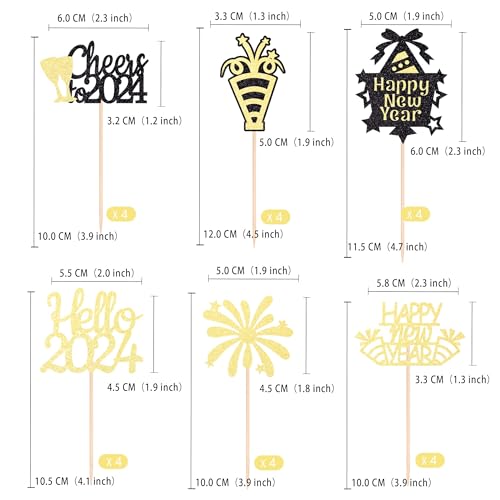 Gexolenu 24 Pcs Happy New Year Cupcake Toppers Hello 2024 Cupcake Picks Glitter Black Cheers To 2024 Fireworks Cake Picks For New Year Eve Party Decoration Supply - Thumbnail 2