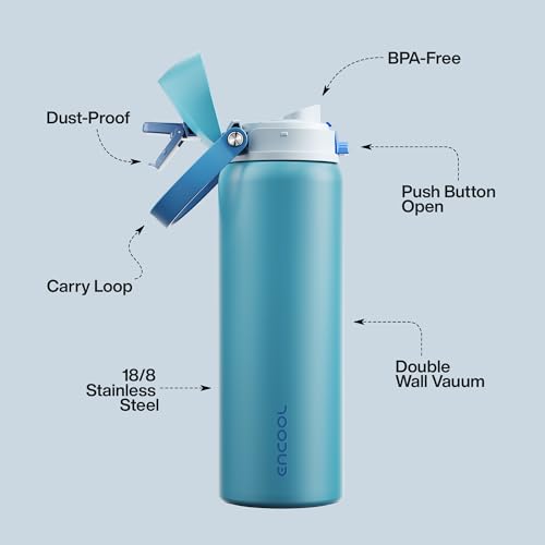 Image of Insulated Water Bottle with Straw - Encool Stainless Steel Water Bottle with Push Button Lid, Leak-Proof & BPA-Free, Keeps Cold for 24 Hours for Sports, Travel, Gym (32 oz, Silk Blue)