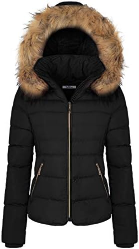 BodiLove Women's Fur Hooded Utility Jacket With Zipper and Fannel Lining Black L