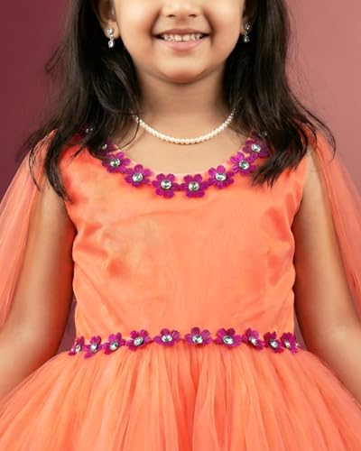 Image of Stanwells Kids Dress for Girls Embroiderd Full Length Frock for Baby Girls Flower Gown Ruffle Pattern Back Zipper Beautiful Sleeveless Birthday Dress for Girls Coral (1-9 Years)