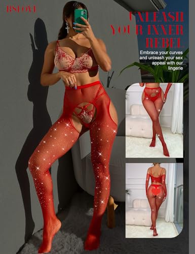 Image of RSLOVE Fishnet Stockings Rhinestone High Waist Tights Pantyhose Women's Sexy Sparkle Stockings