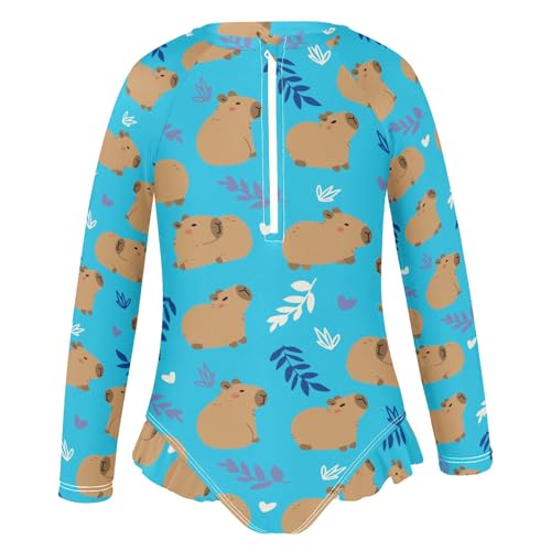 Blue Cute Capybara Girls Long Sleeve Swimsuit Rash Guard One Piece Bathing Suits Zipper 3-12T2