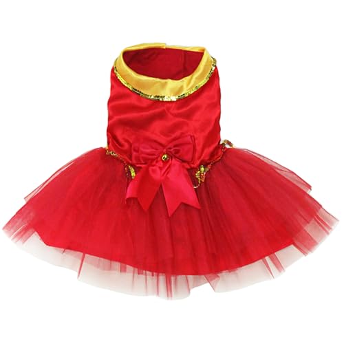 Pets on Safari Dog Christmas Dress, Xmas Cat Red Tulle Dress with Bell, New Year Santa Claus Outfit Clothes with Bowtie for Puppy Small Medium Dogs, Cats Apparel (Small)