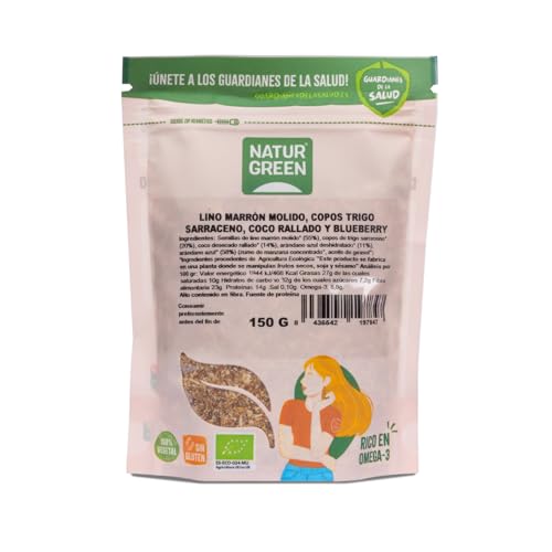 NaturGreen | Lino | Trigo Sarraceno | Coco | Blueberry | Bio 150 g | Sin Azúcares Añadidos | Sin Gluten | Superalimento Ecológico | Vegano | Ideal Desayunos | Alto en Fibra