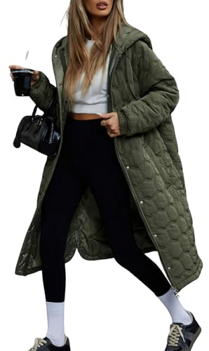 chouyatou Women's 2026 Winter Lightweight Quilted Puffer Jacket Hooded Midi Long Puffer Coat Overcoat (Medium, Army Green)