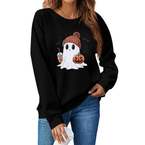 Image of Woman Halloween Outfit Long Sleeve Crewneck Sweatshirts Cute Ghost Graphic Pullover Shirts Fall Loose Fit Casual Pumpkin Jumpers,Black,5XL