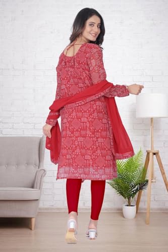Image of Women's Printed Kurti with Georgette Dupatta, Full Inner Lining, Lightweight Ethnic Set