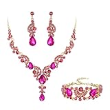 Ever Faith Wedding Jewellery Set for Women, Sparkly Rhinestone Crystal Vintage Floral Teardrop Brides Bridal Necklace Earrings Bracelet Sets Prom Party Costume Jewelry 3 Pcs Hot Pink Gold-Tone