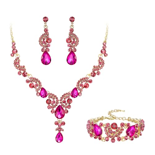 Conjunto de joyas de cristal fucsia con collar, pendientes y pulsera Art Deco