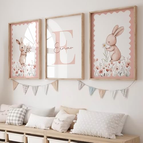 3 Affiches Prenom Personnalisé Fleur Lapin Chambre Bebe Fille 30x40 Rose Tableau Chambre Enfant Neutre Deco Poster Mural Bebe Animaux Flower Decoration Murale Enfant Affiche Toile sans Cadre